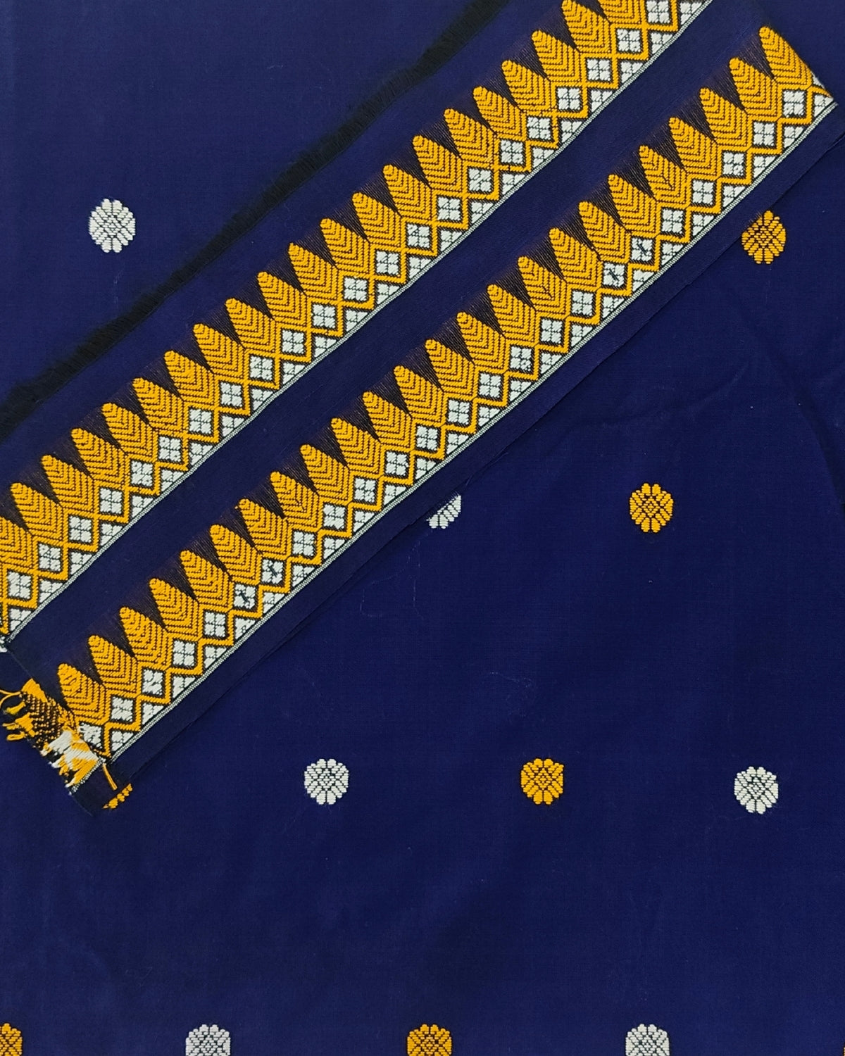 Royal blue handloom cotton fabric with Golden & White buta