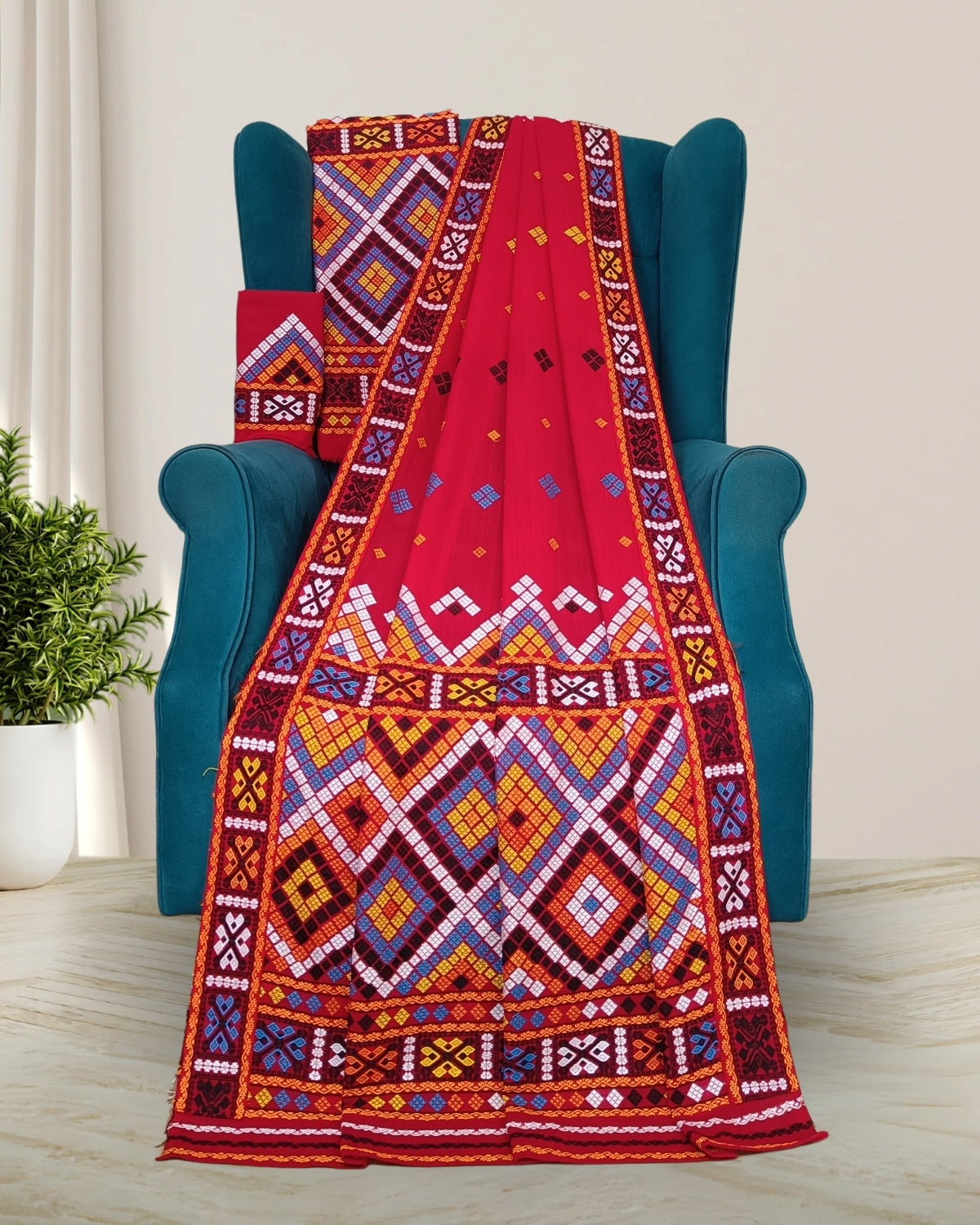 Red padmini cotton Mising mekhela sador- DMC motifs