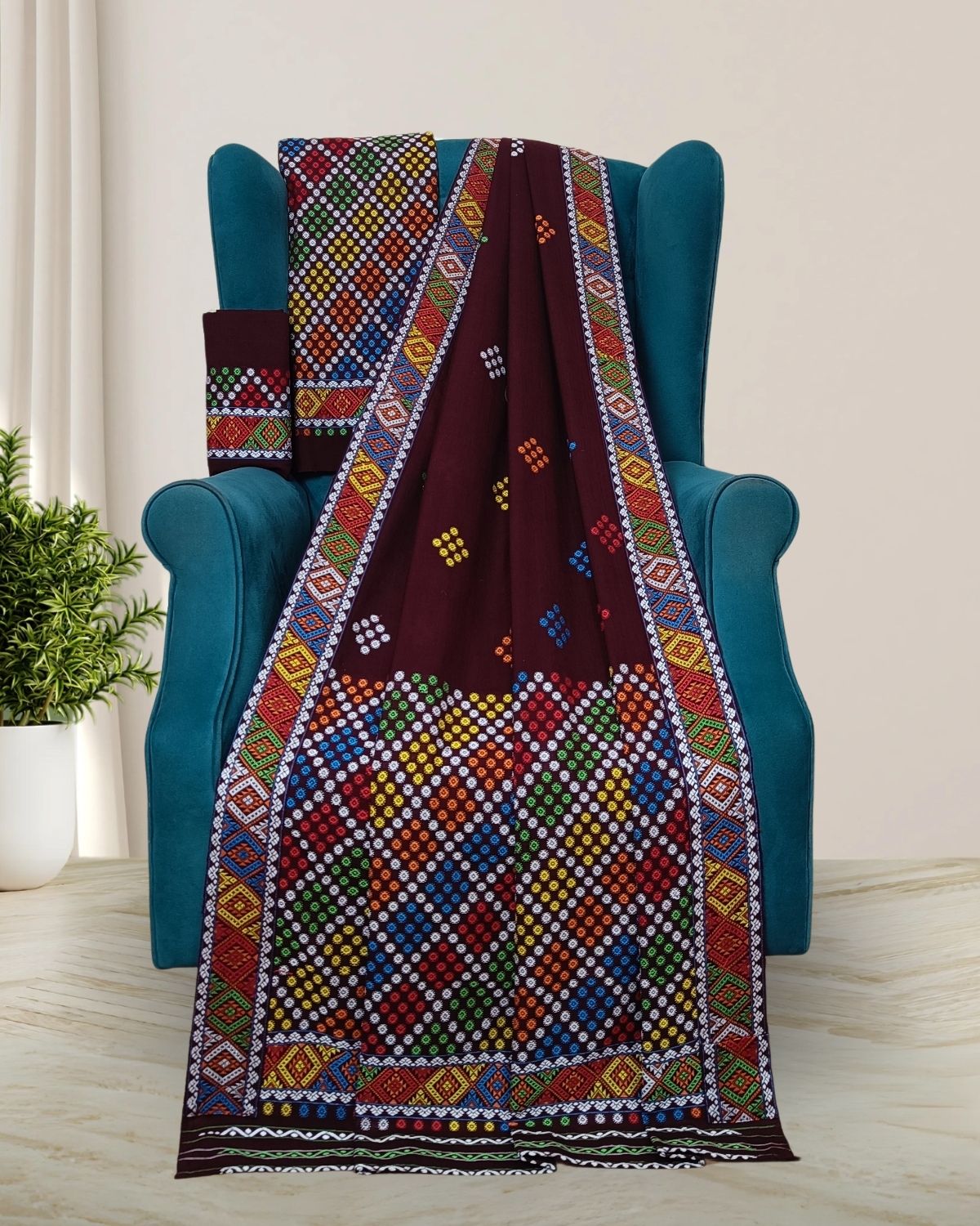 Chocolate padmini cotton Mising mekhela sador - DMC motifs