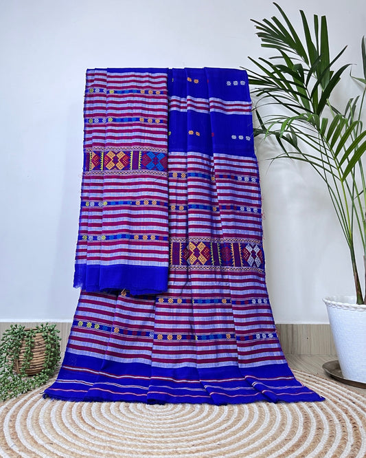 Ribi design Mising mekhela sador - Royal blue
