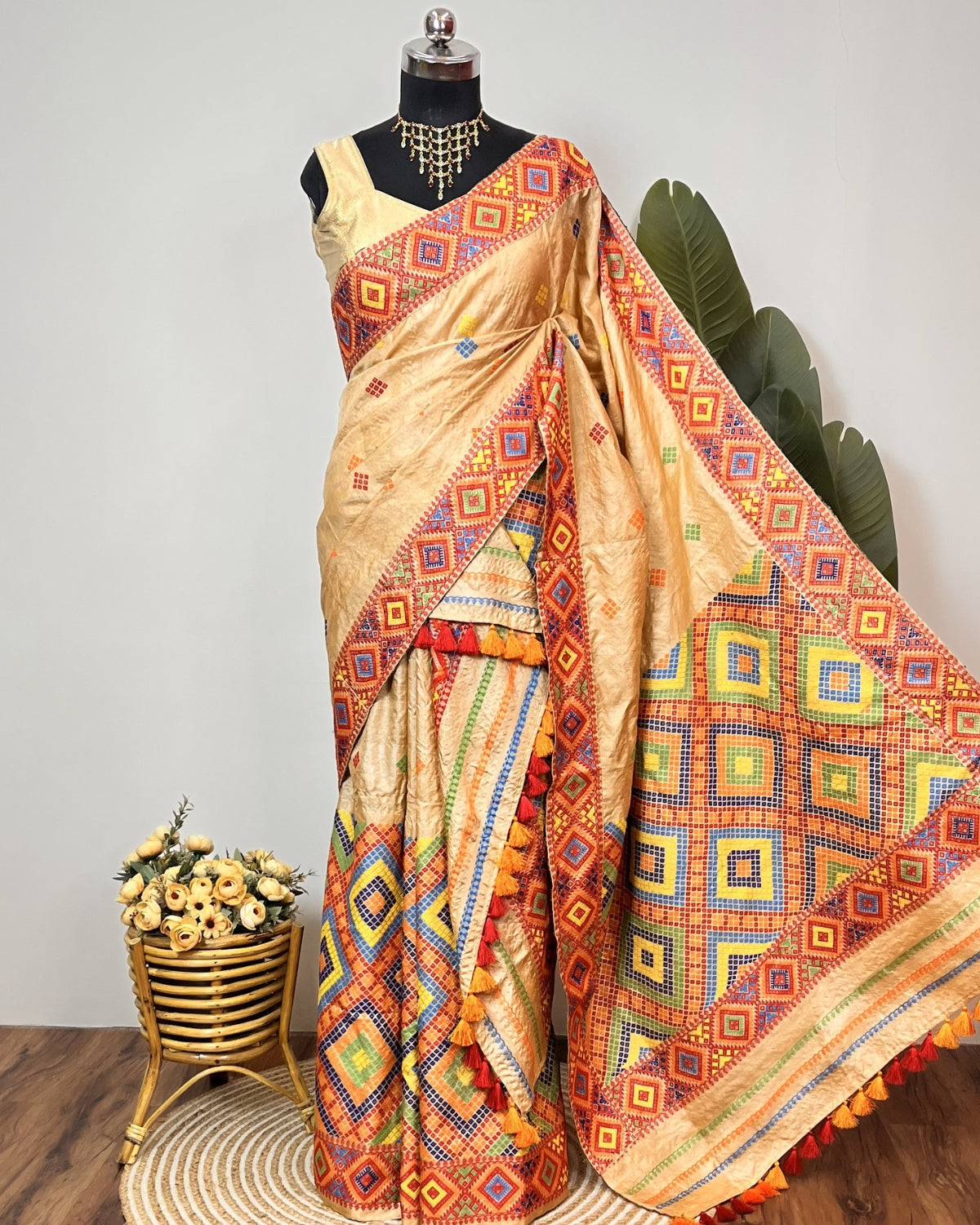 Pure Mising Tussar silk mekhela sador- DMC motifs