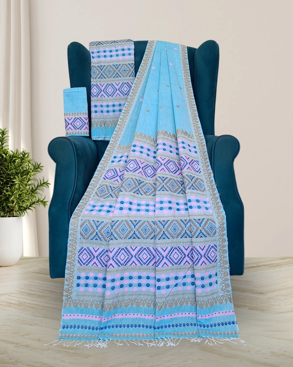 Padmini cotton Mising design mekhela sador - Sky blue