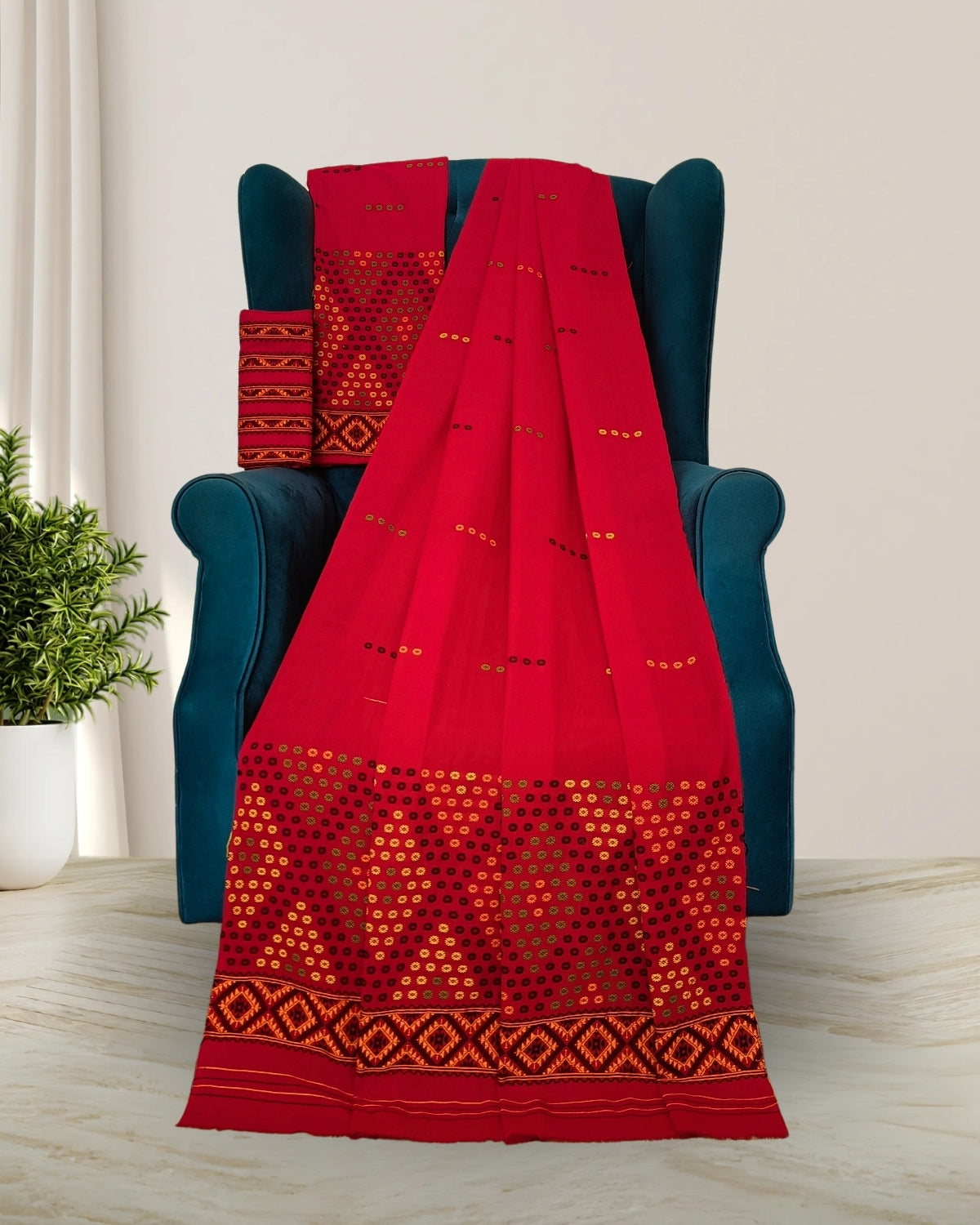 Padmini cotton Mising mekhela sador -Red