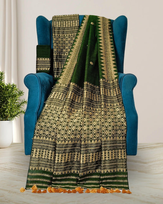 Bottle green padmini cotton mekhela chadar with designer motifs