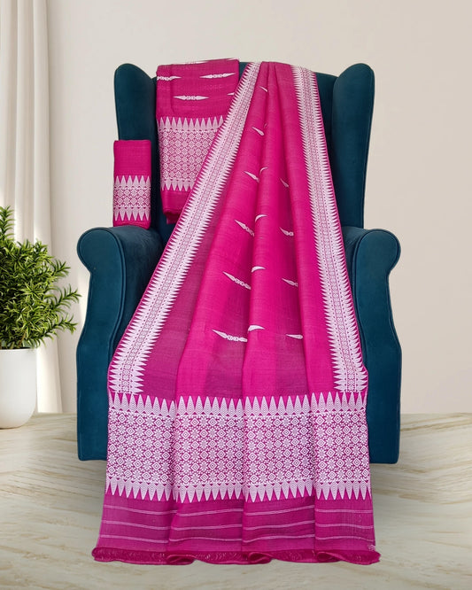Semi nuni mekhela sador with fix border design -Pink