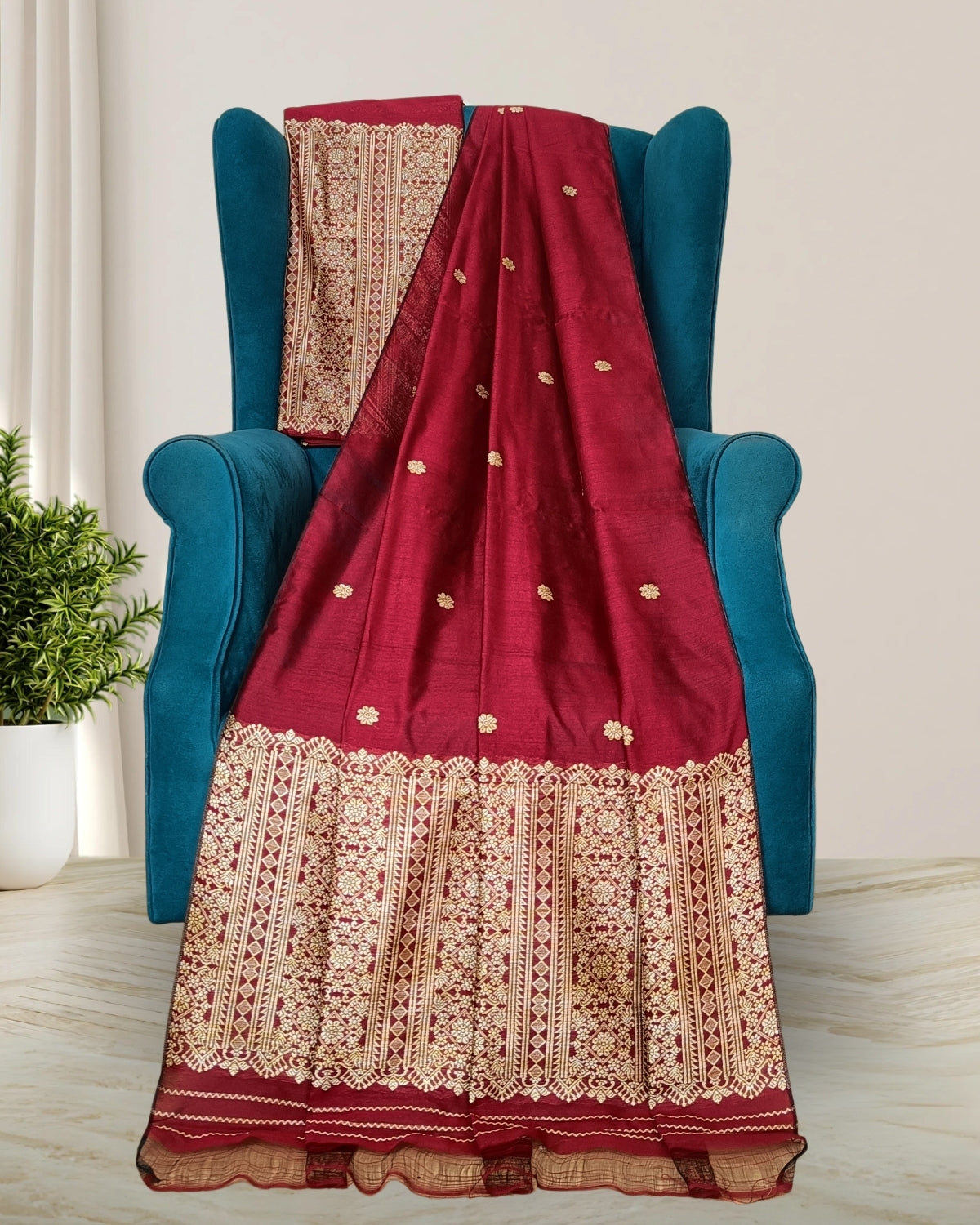 Staple cotton mekhela sador -Maroon