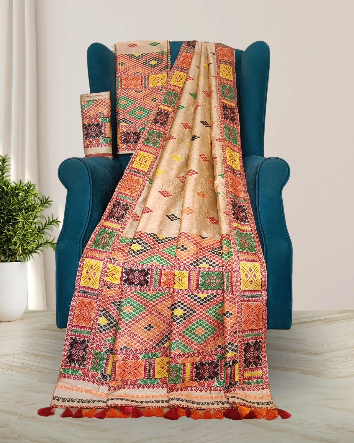 Pure Mising Tussar silk mekhela sador- DMC motifs