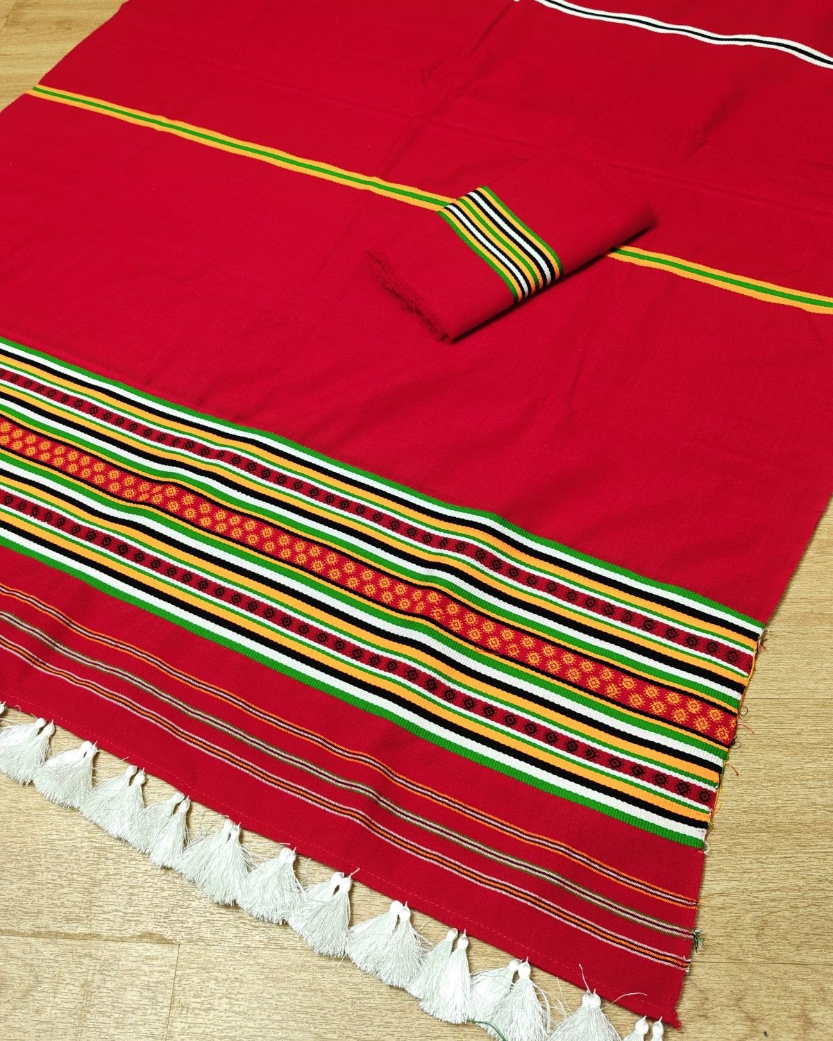 Ribi design Mising mekhela sador - Red