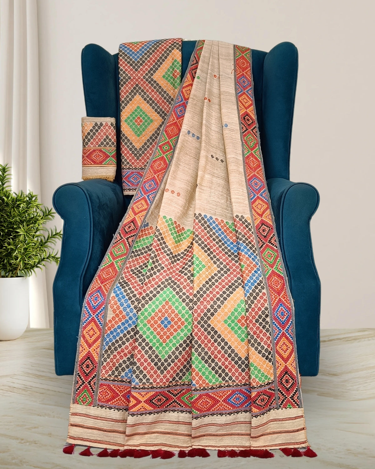 Padmini cotton x eri muga Mising mekhela sador - DMC motif work 