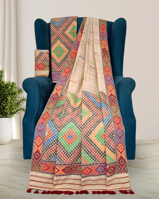 Padmini cotton x eri muga Mising mekhela sador - DMC motif work 