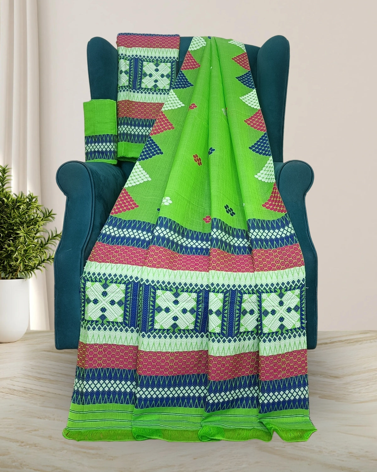 Green semi nuni mekhela sador with designer motifs