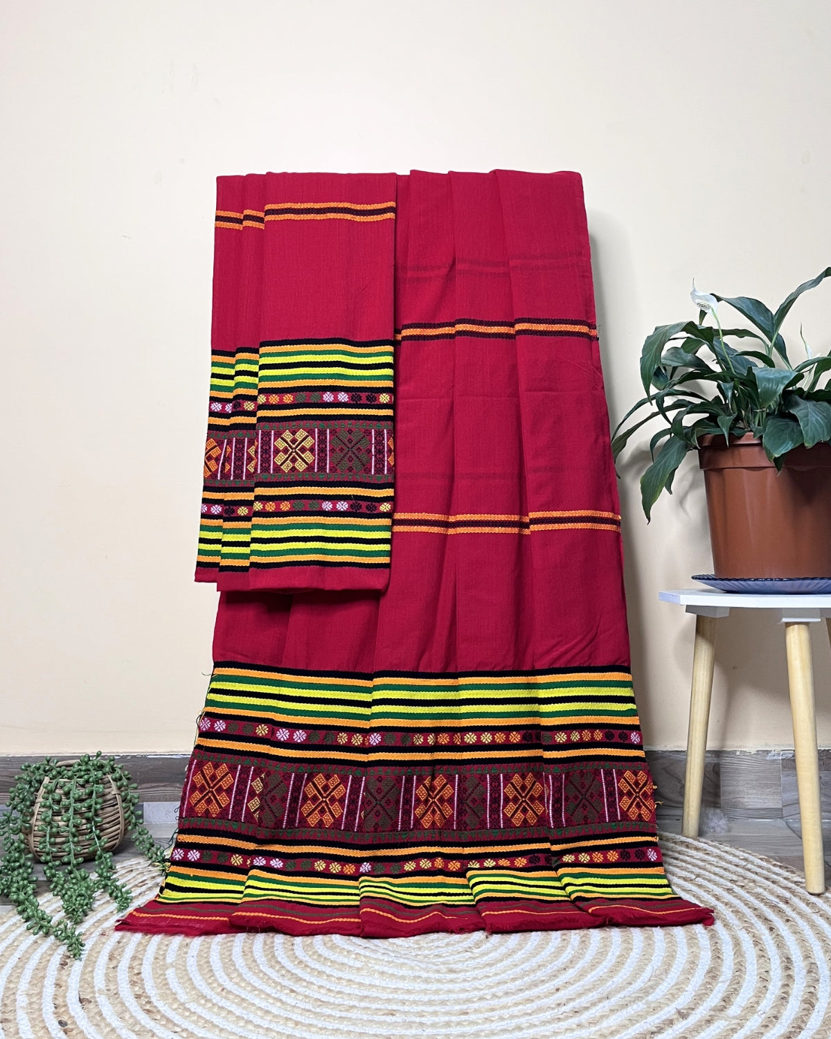 Ribi design Mising mekhela sador -Red