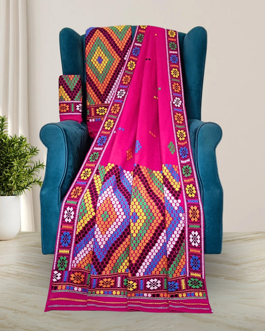 Rani pink padmini cotton Mising mekhela chadar - DMC motif work