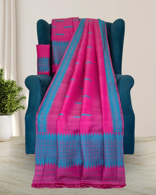 Semi nuni mekhela sador with fix border design -Pink