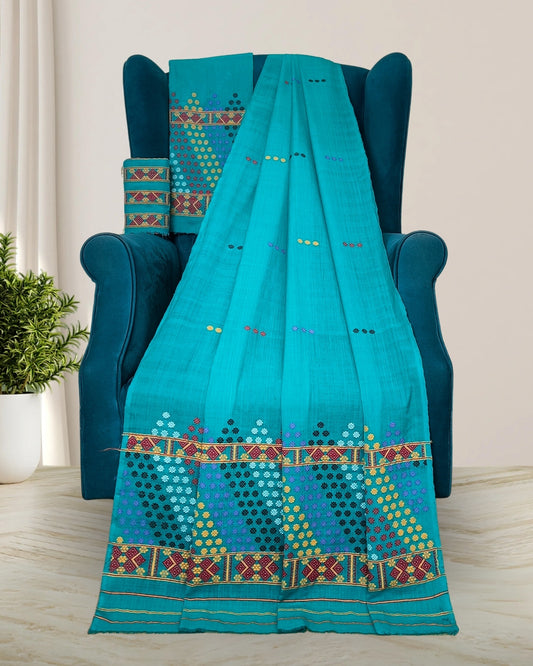 Padmini cotton Mising mekhela sador -Sea green