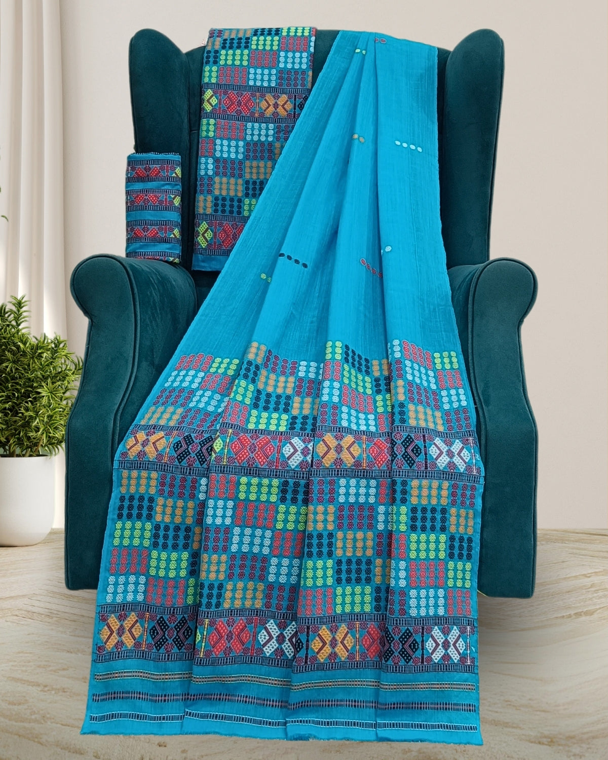 Blue Padmini Cotton Mising Mekhela Chadar