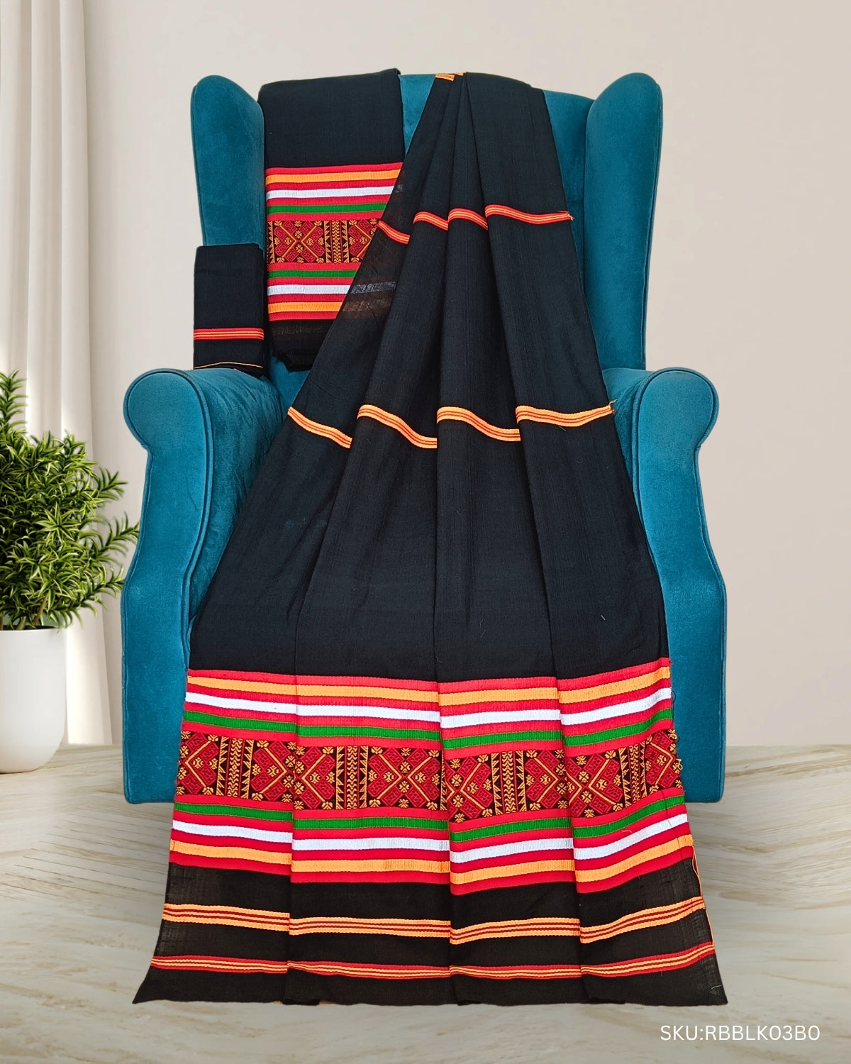 Ribi design Mising mekhela sador - Black