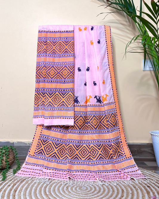 Peach padmini cotton mekhela sador with designer motifs