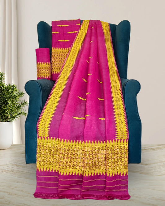 Semi nuni mekhela sador with fix border design -Pink