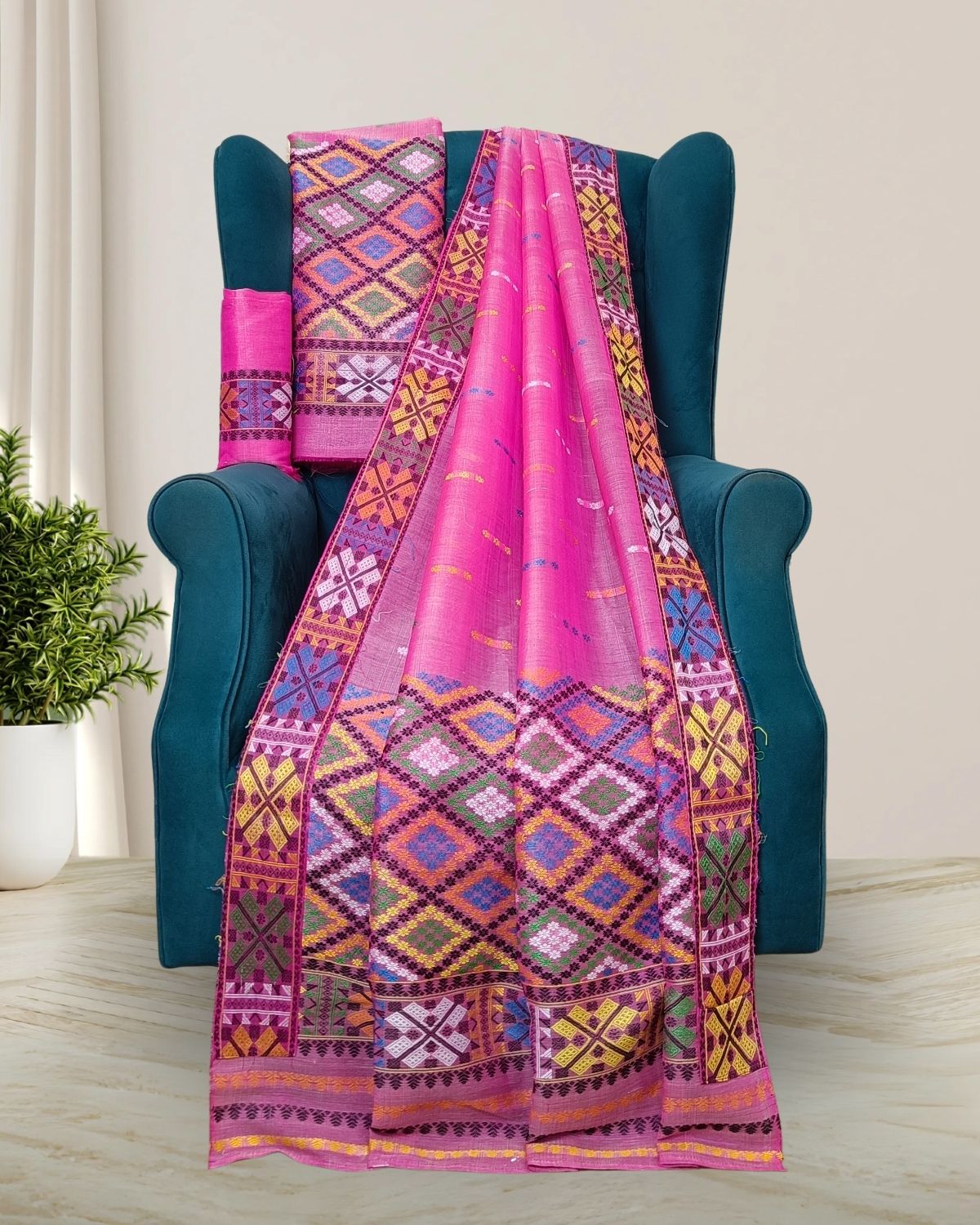 Rani pink semi nuni Mising mekhela sador- DMC motifs