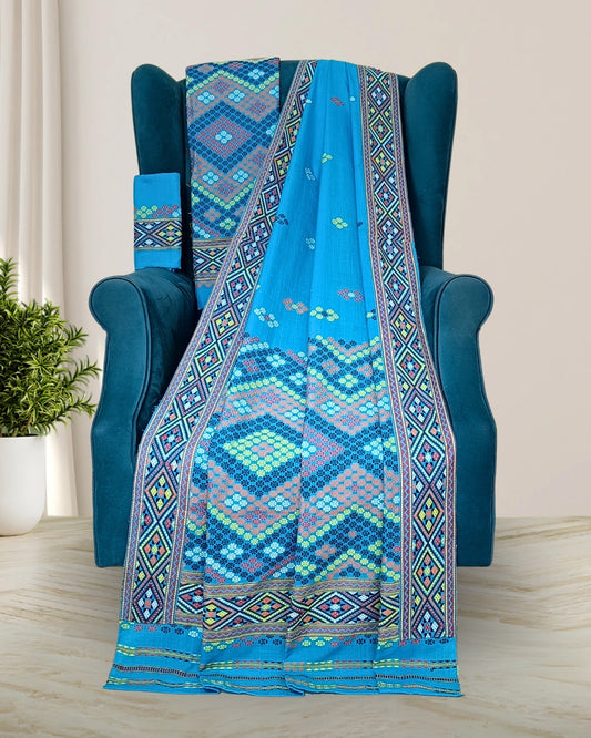 Sky blue padmini cotton Mising mekhela chadar - DMC motif work