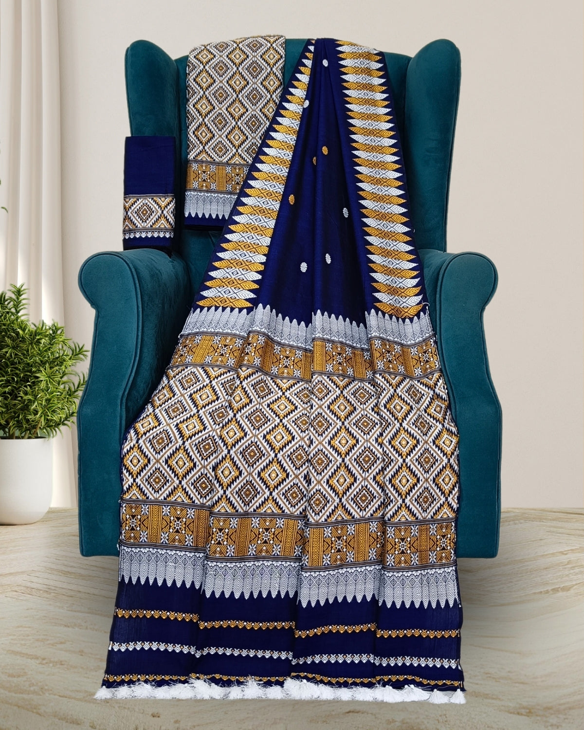 Midnight blue padmini cotton mekhela sador with designer motifs