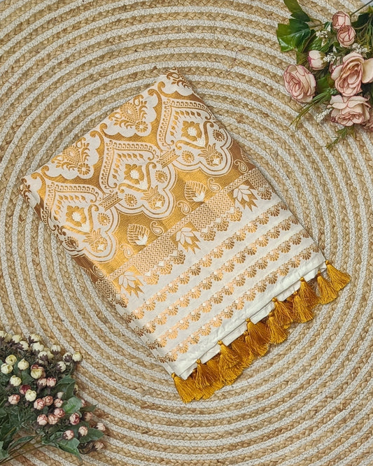 Semi paat mekhela sador - Pearl white