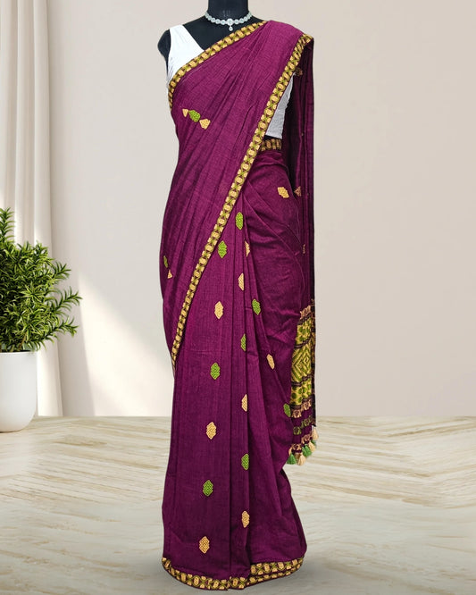 Purple pure cotton saree with designer motifs