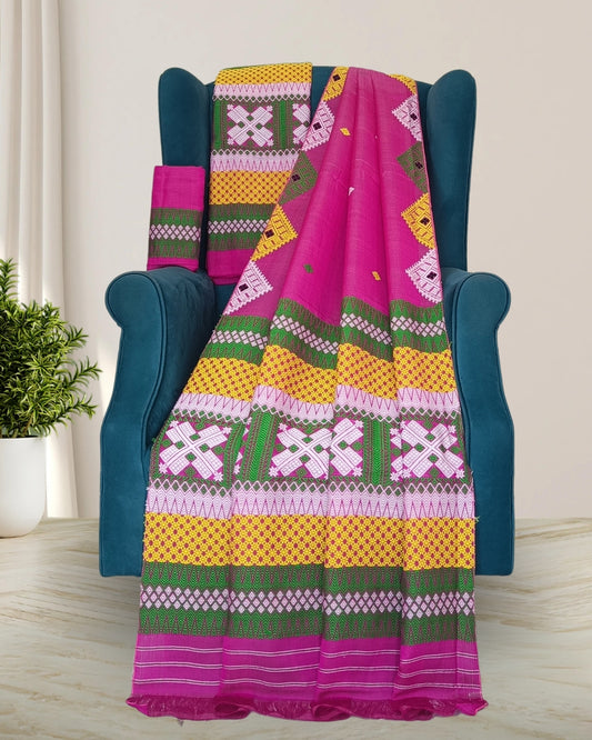 Pink semi nuni mekhela sador with designer motifs