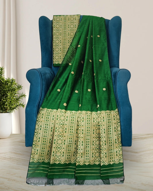Staple cotton mekhela sador - Green