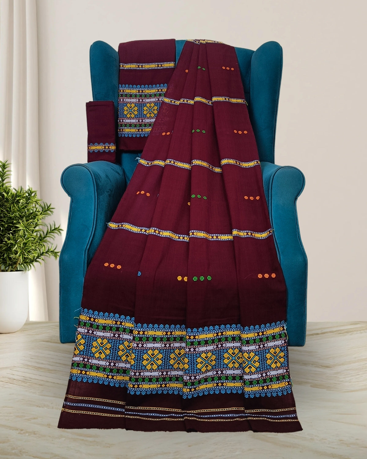 Gaseng design Mising mekhela sador -Brown