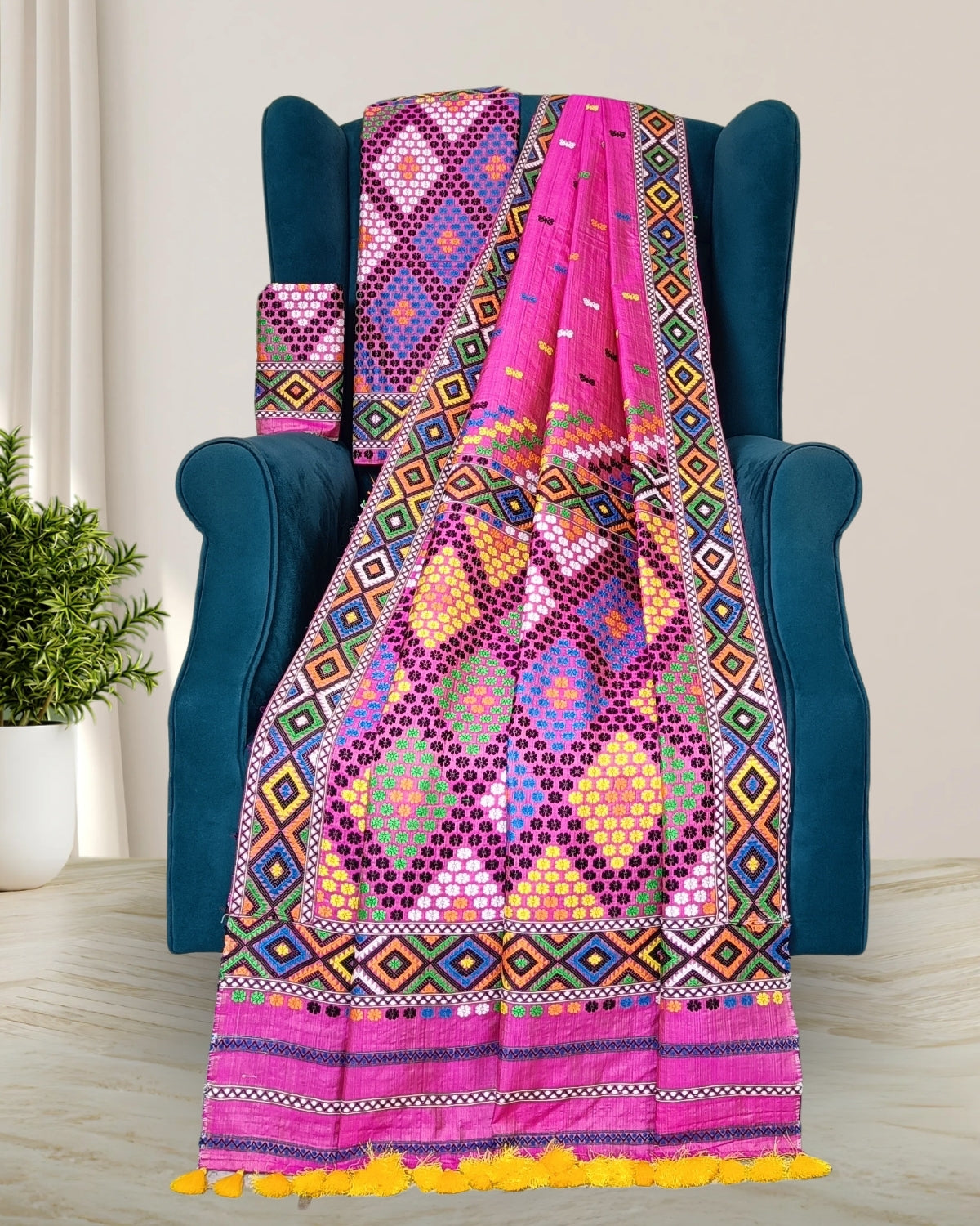 Rani pink tussar silk x paat mekhela sador