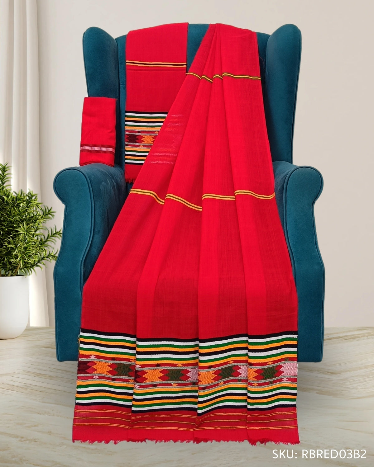 Ribi design padmini cotton Mising mekhela chadar - Red