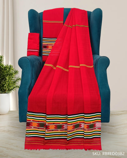 Ribi design padmini cotton Mising mekhela sador- Red