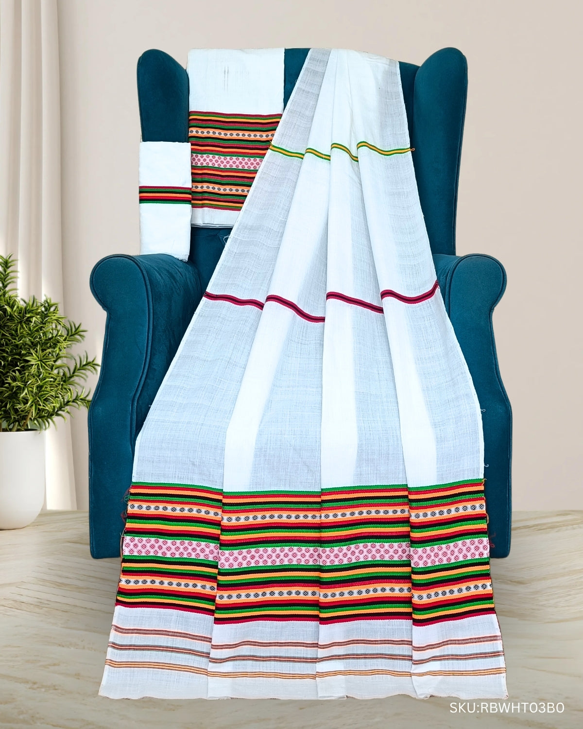 Ribi design Mising mekhela sador - White
