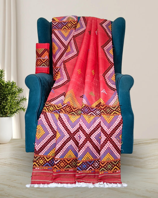 Red semi nuni Mising mekhela chadar - DMC motif work