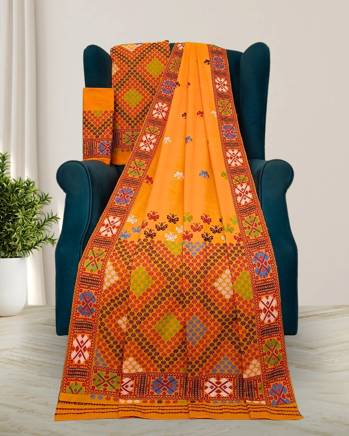 Orange padmini cotton Mising mekhela sador- DMC motifs