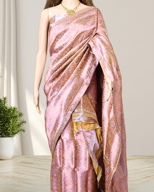 Flamingo pink pure Mulberry silk mekhela chadar