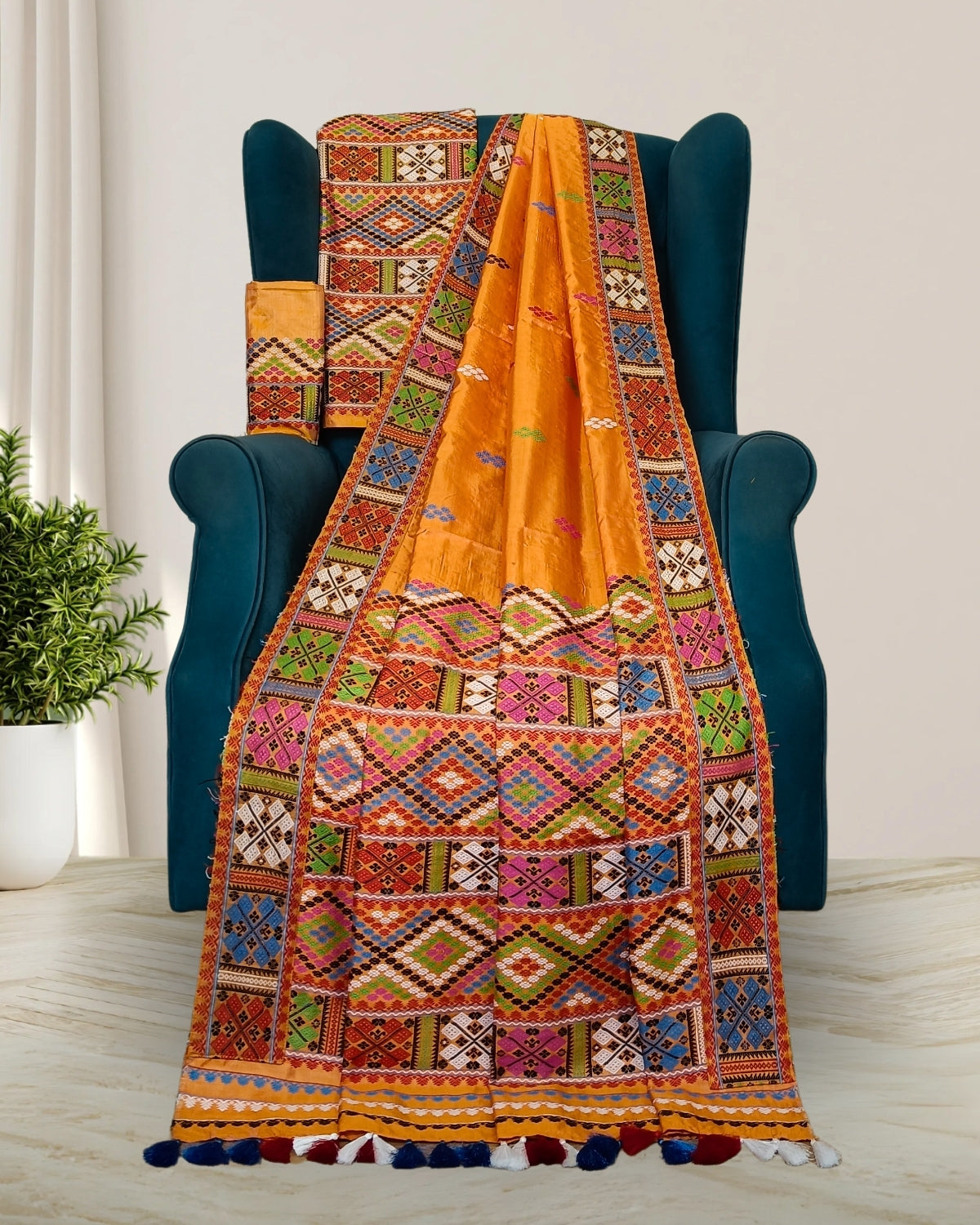 Tussar silk by Assam paat mekhela sador -Carrot Orange