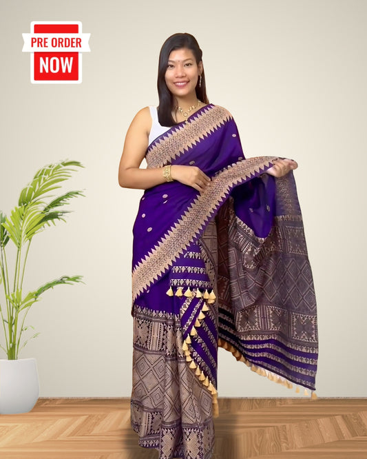 Royal purple padmini cotton mekhela sador with designer motifs
