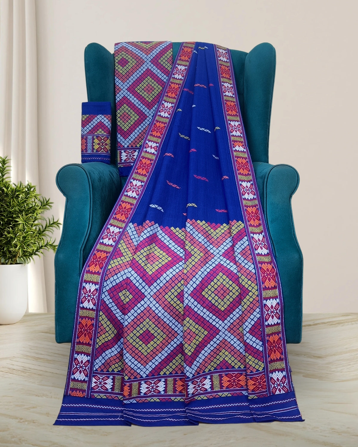 Royal blue padmini cotton Mising mekhela sador- DMC motifs