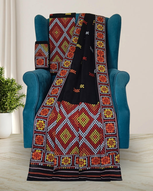 Black padmini cotton Mising mekhela chadar - DMC motif work