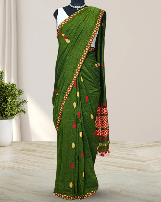 Green pure cotton saree with designer motifs
