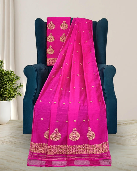 Kingkhap design staple cotton mekhela sador -pink