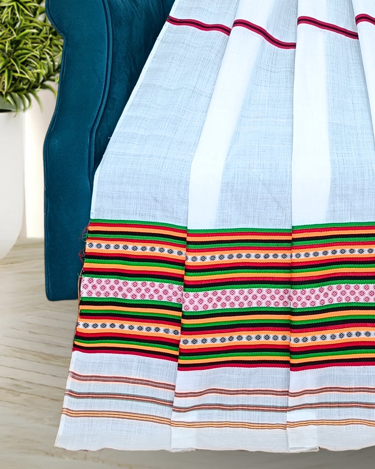 Ribi design Mising mekhela sador - White