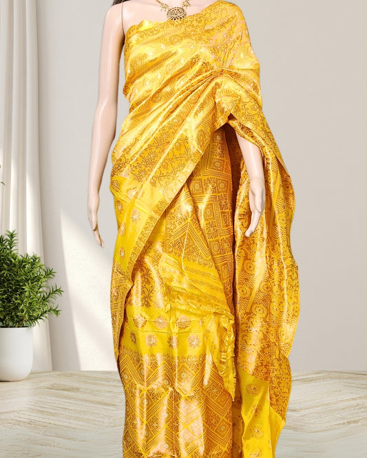 Golden yellow pure Mulberry silk mekhela chadar