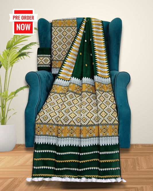 Green padmini cotton mekhela sador with designer motifs