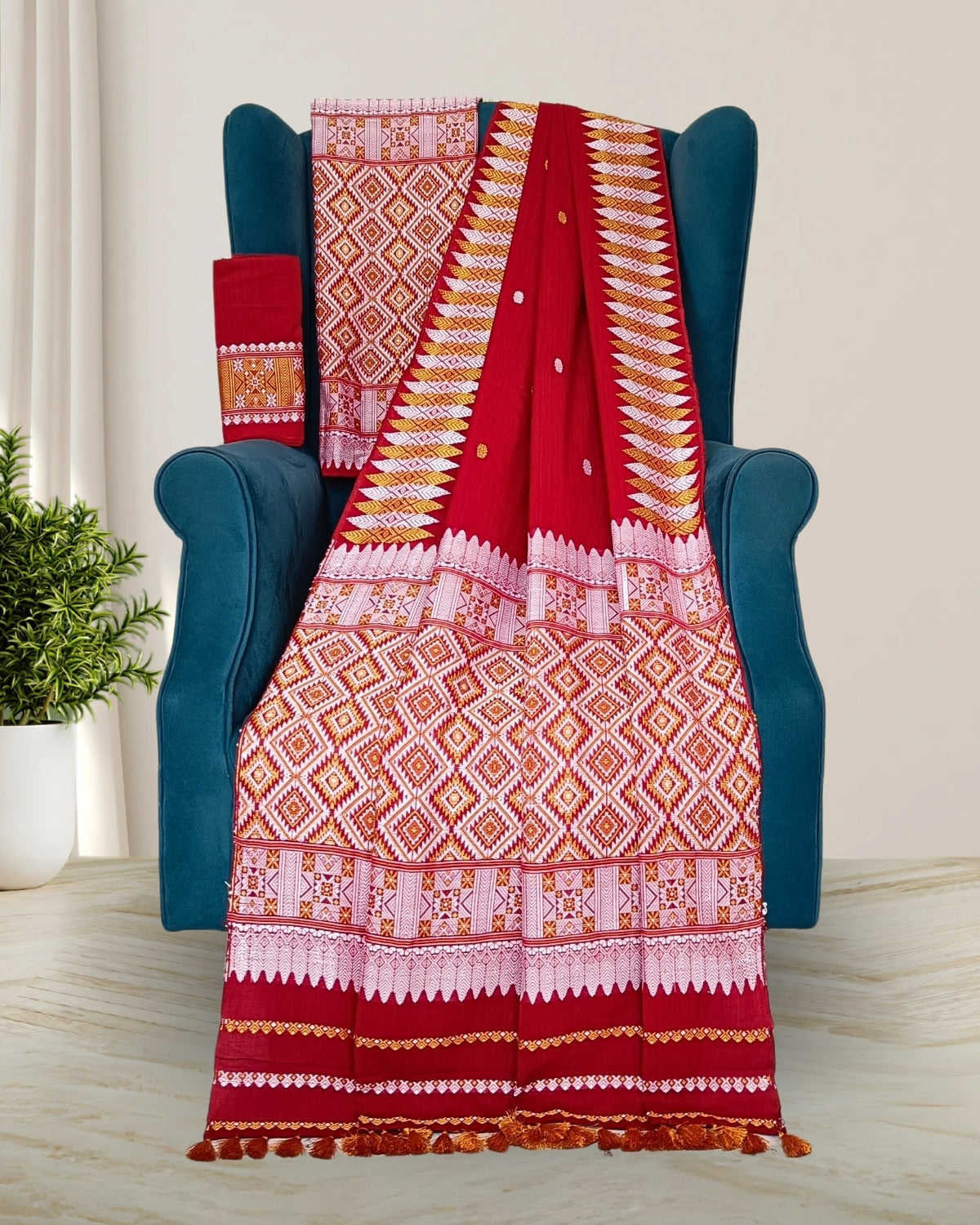 Red padmini cotton mekhela chadar with designer motifs