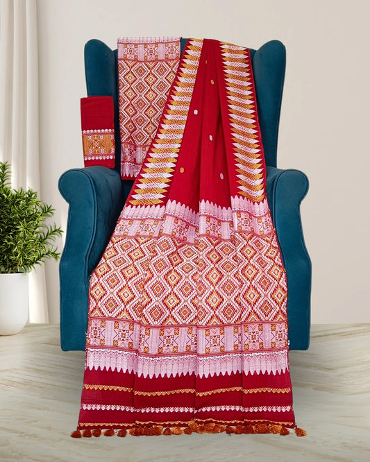 Red padmini cotton mekhela sador with designer motifs