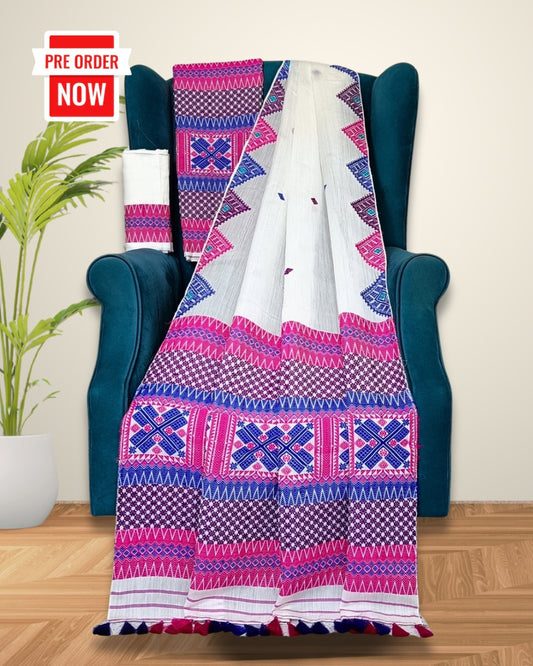 White semi nuni mekhela sador with designer motifs